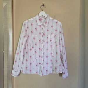 Vtg White Cotton Floral Ditsy Pattern Textured Pearl Snap Button Shirt Western